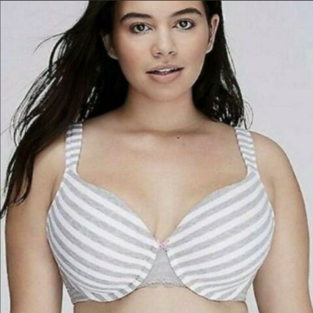 Cacique full coverage gray white striped bra 46DD